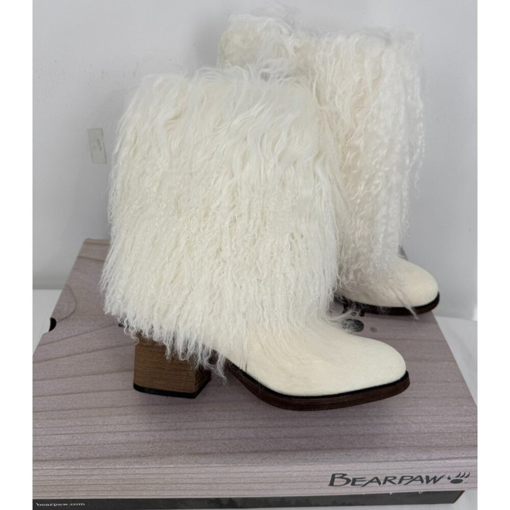 $325 Bearpaw Boticia White Curly Lamb Pony Hair Fur Tall Lined Boots Heel Sz 9